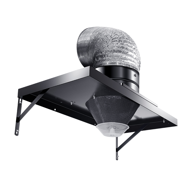 غطاء محرك من الحديد الأسود المثبت على الحائط المنزلية ، مثبت على الحائط مع غطاء كبير من الفولاذ المقاوم للصدأ ومروحة العادم